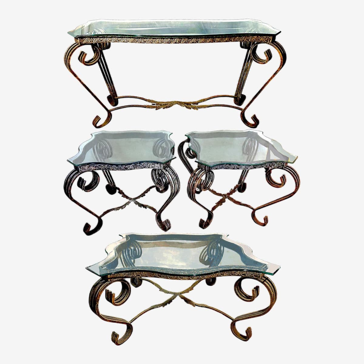 1980s Mid-Century Ornate Wrought Iron and Figural Glass Tables - 4 Piece Set - Image 1