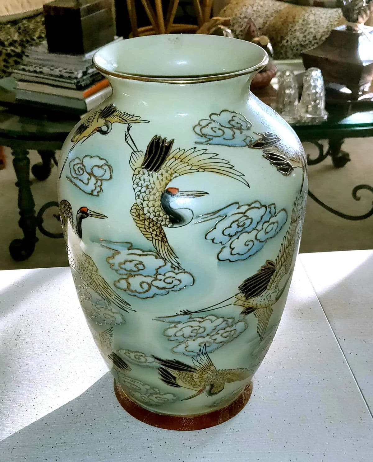 Chinese Famille Rose Polychrome Freehand Raised Cranes & Clouds Motif Porcelain Vase - Thumbnail 6
