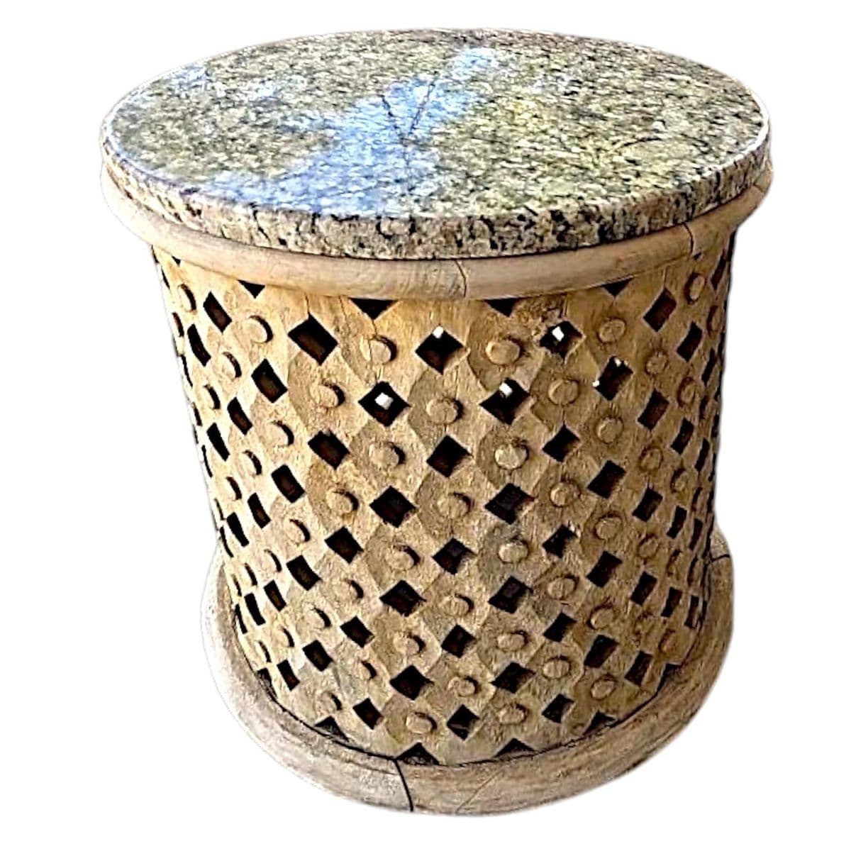 Hand Carved Wooden Drum Shaped Side Table With Lattice Detail and Granite Top - Thumbnail 3