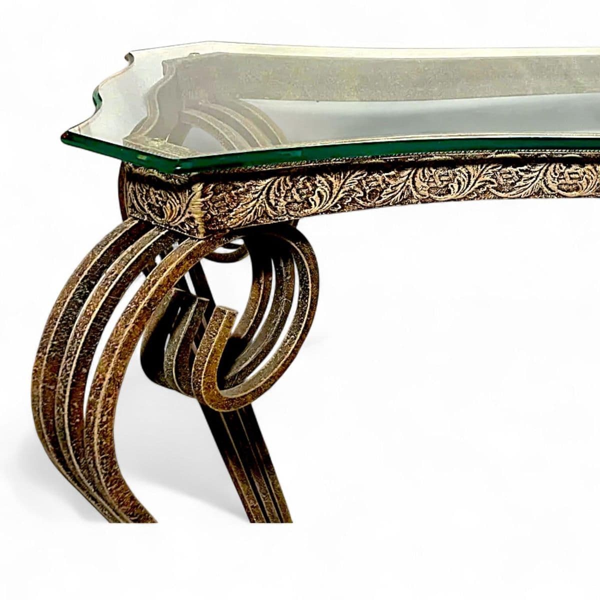 1980s Mid-Century Ornate Wrought Iron and Figural Glass Tables - 4 Piece Set - Thumbnail 7