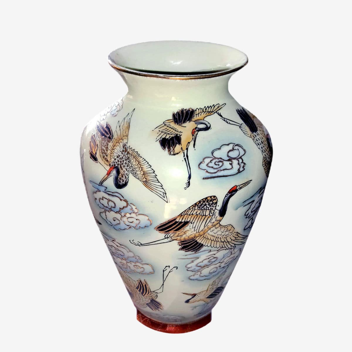 Chinese Famille Rose Polychrome Freehand Raised Cranes & Clouds Motif Porcelain Vase - Image 1