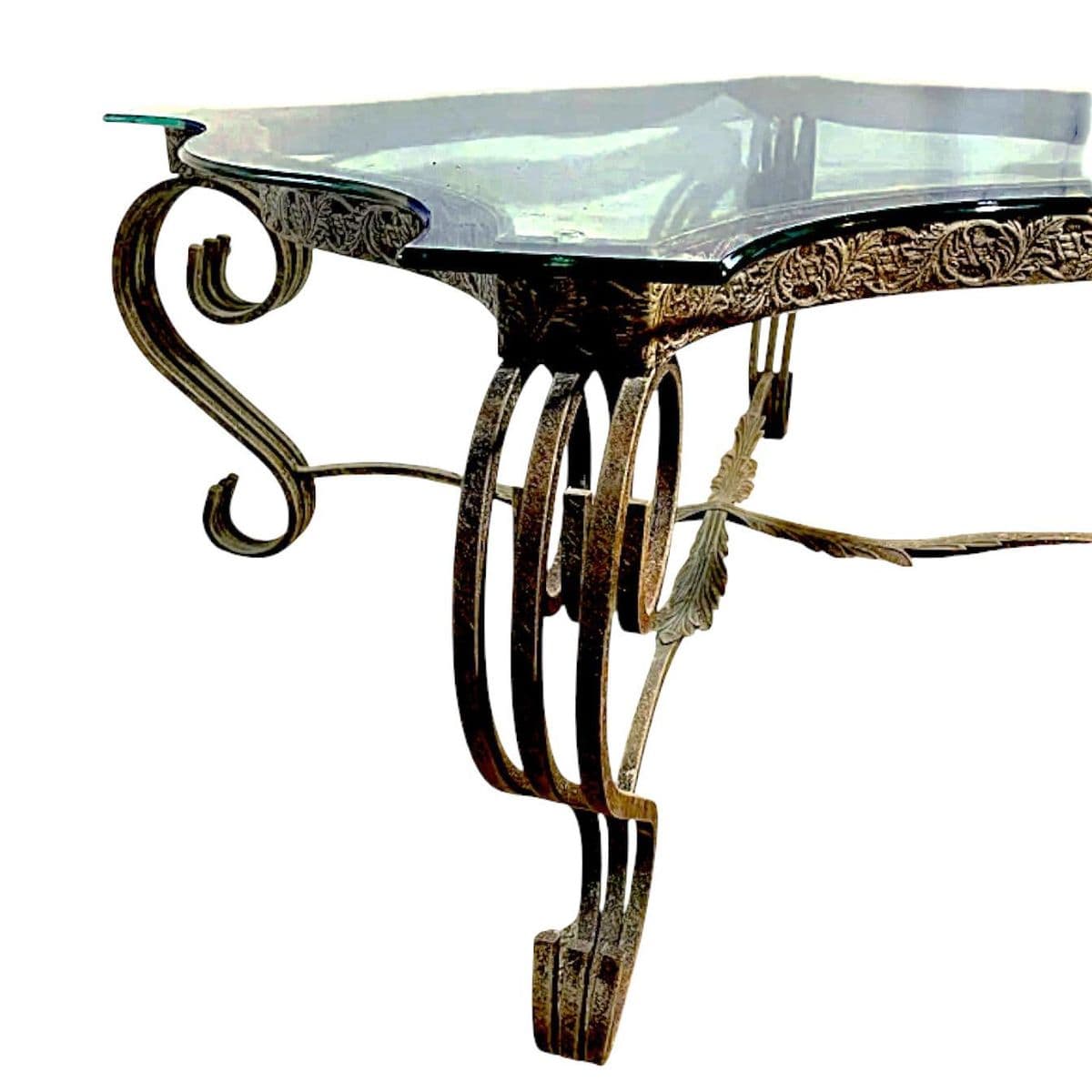 1980s Mid-Century Ornate Wrought Iron and Figural Glass Tables - 4 Piece Set - Thumbnail 8