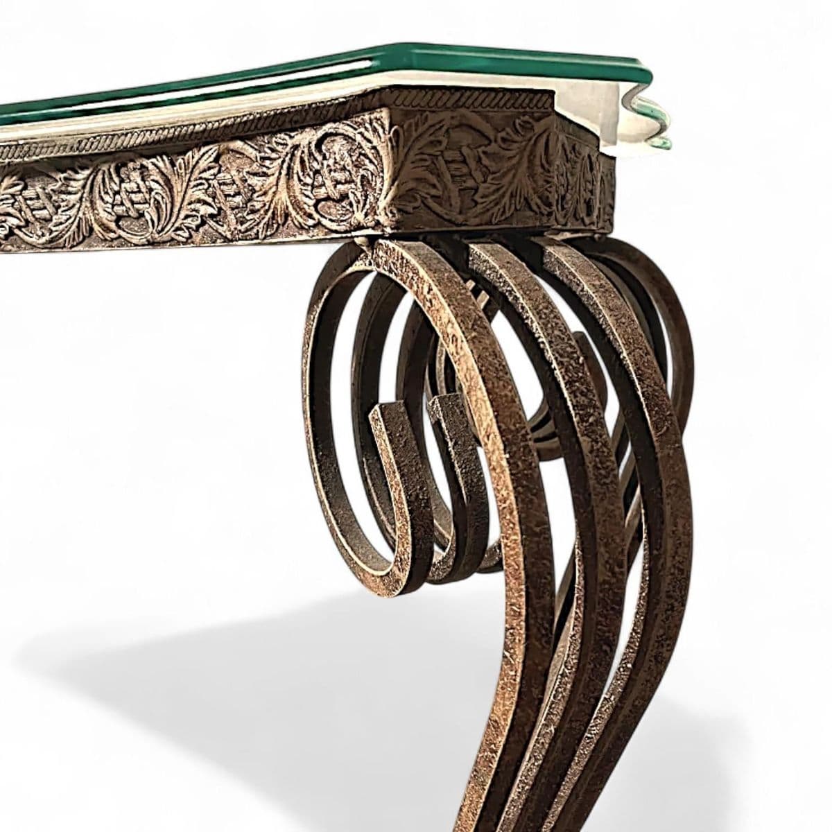 1980s Mid-Century Ornate Wrought Iron and Figural Glass Tables - 4 Piece Set - Thumbnail 10