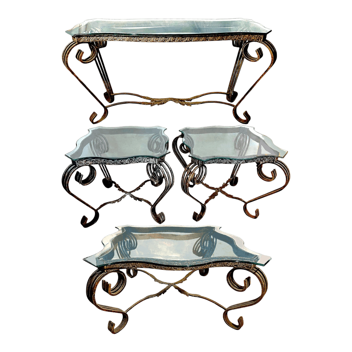 1980s Mid-Century Ornate Wrought Iron and Figural Glass Tables - 4 Piece Set - Thumbnail 2