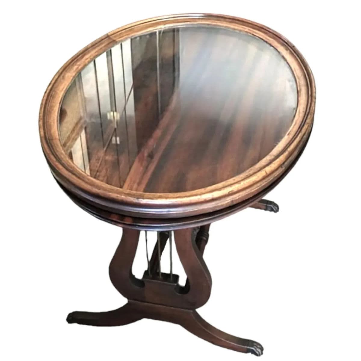 1940s American Empire Mahogany Oval Lyre Base Glass Topped Butler Tray Table - Thumbnail 4