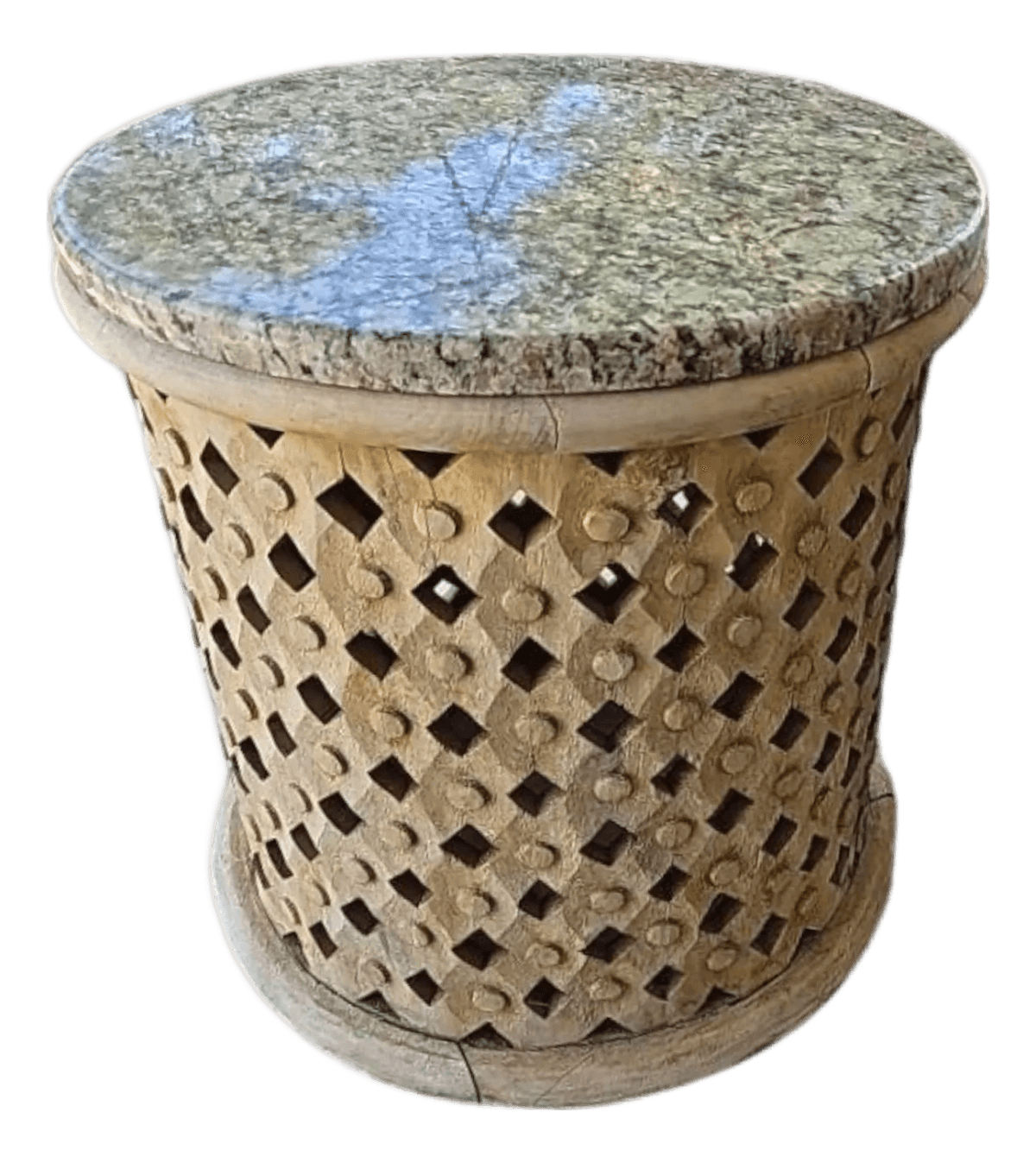 Hand Carved Wooden Drum Shaped Side Table With Lattice Detail and Granite Top - Thumbnail 2