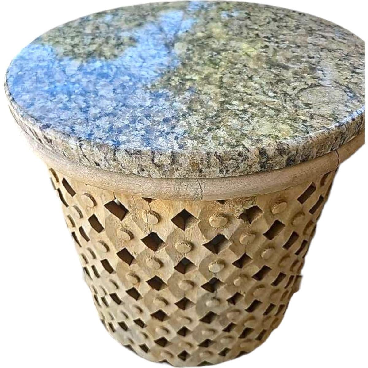 Hand Carved Wooden Drum Shaped Side Table With Lattice Detail and Granite Top - Thumbnail 5