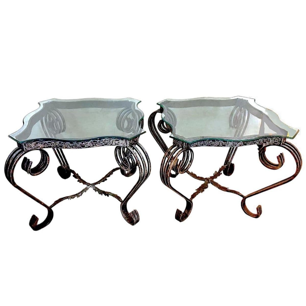 1980s Mid-Century Ornate Wrought Iron and Figural Glass Tables - 4 Piece Set - Thumbnail 5