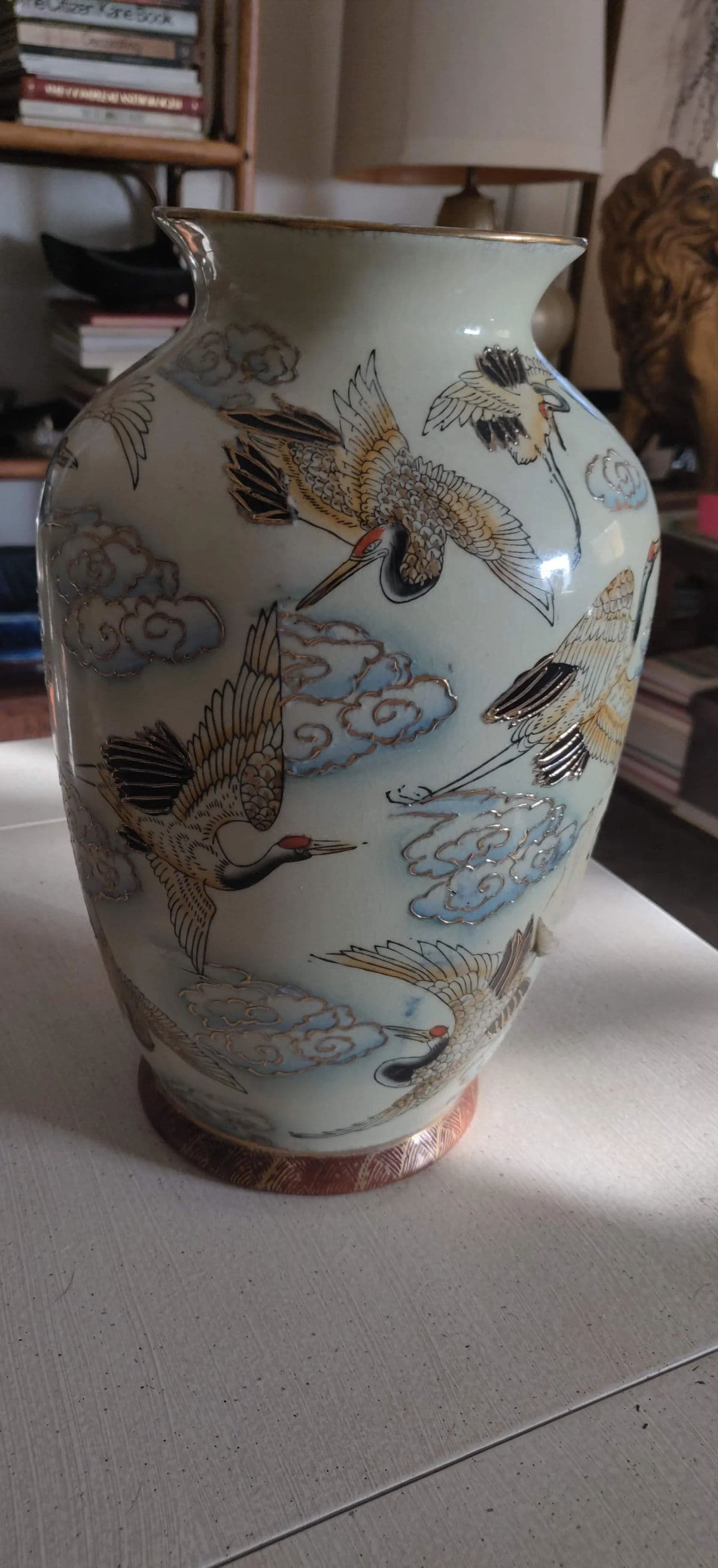 Chinese Famille Rose Polychrome Freehand Raised Cranes & Clouds Motif Porcelain Vase - Thumbnail 7