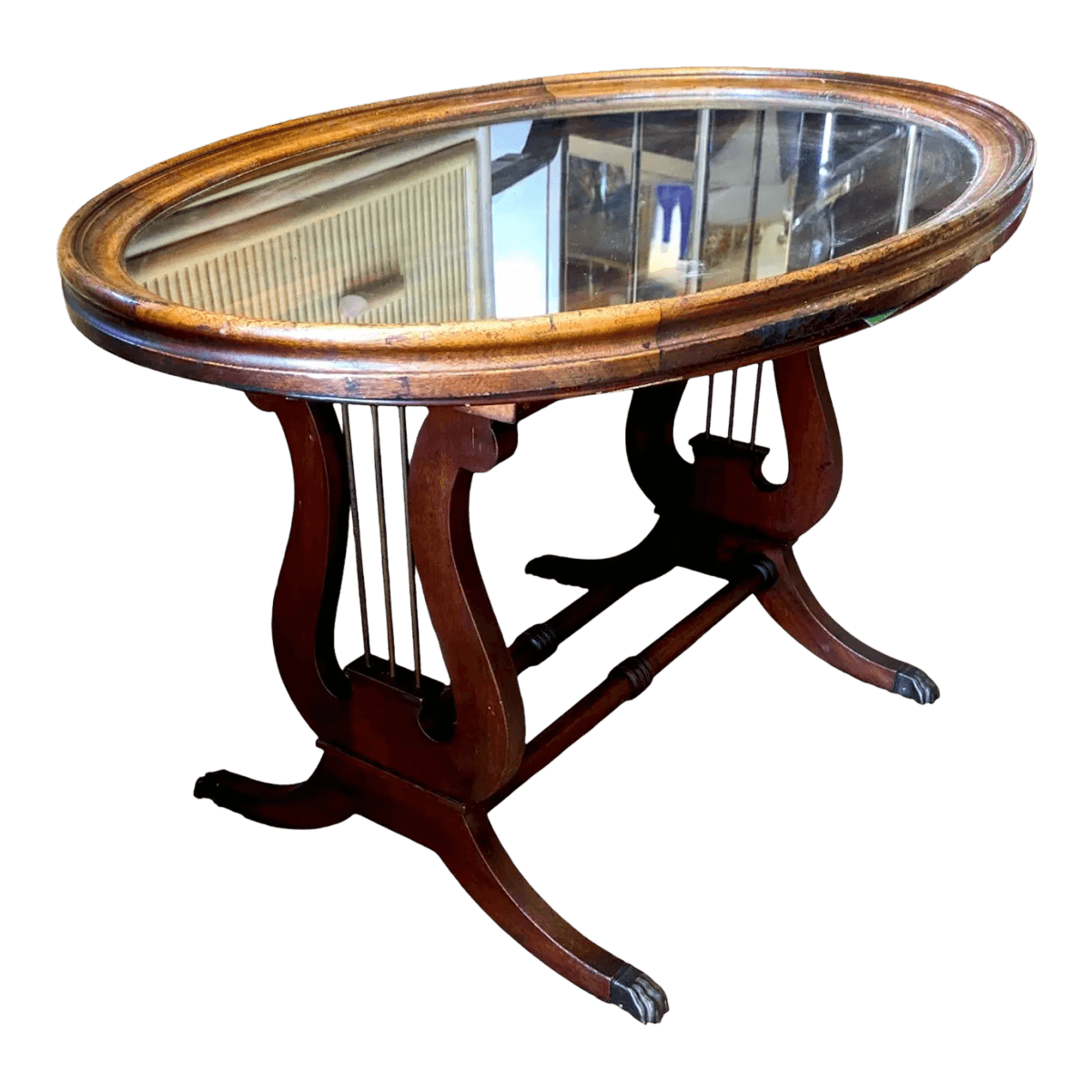 1940s American Empire Mahogany Oval Lyre Base Glass Topped Butler Tray Table - Thumbnail 2