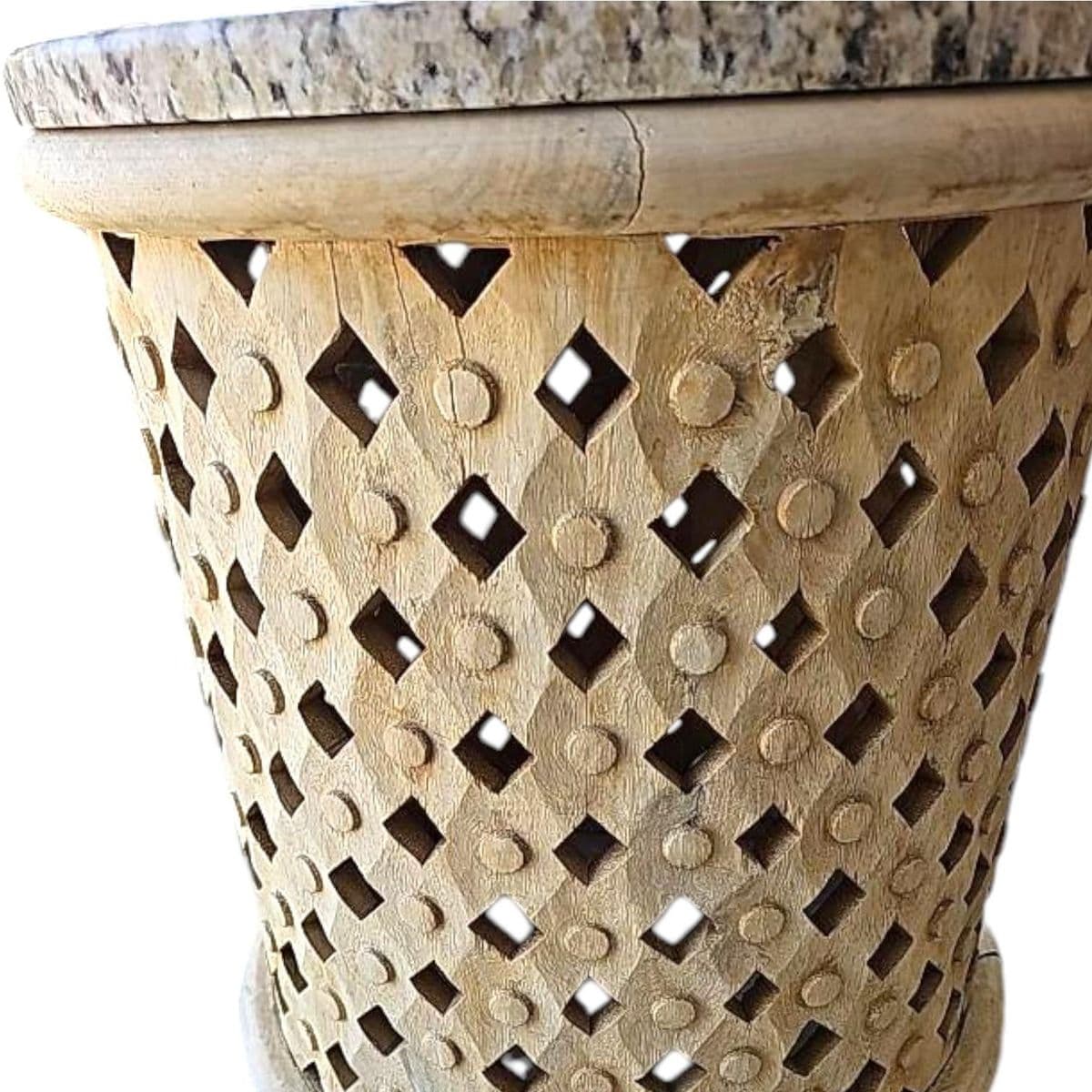 Hand Carved Wooden Drum Shaped Side Table With Lattice Detail and Granite Top - Thumbnail 4