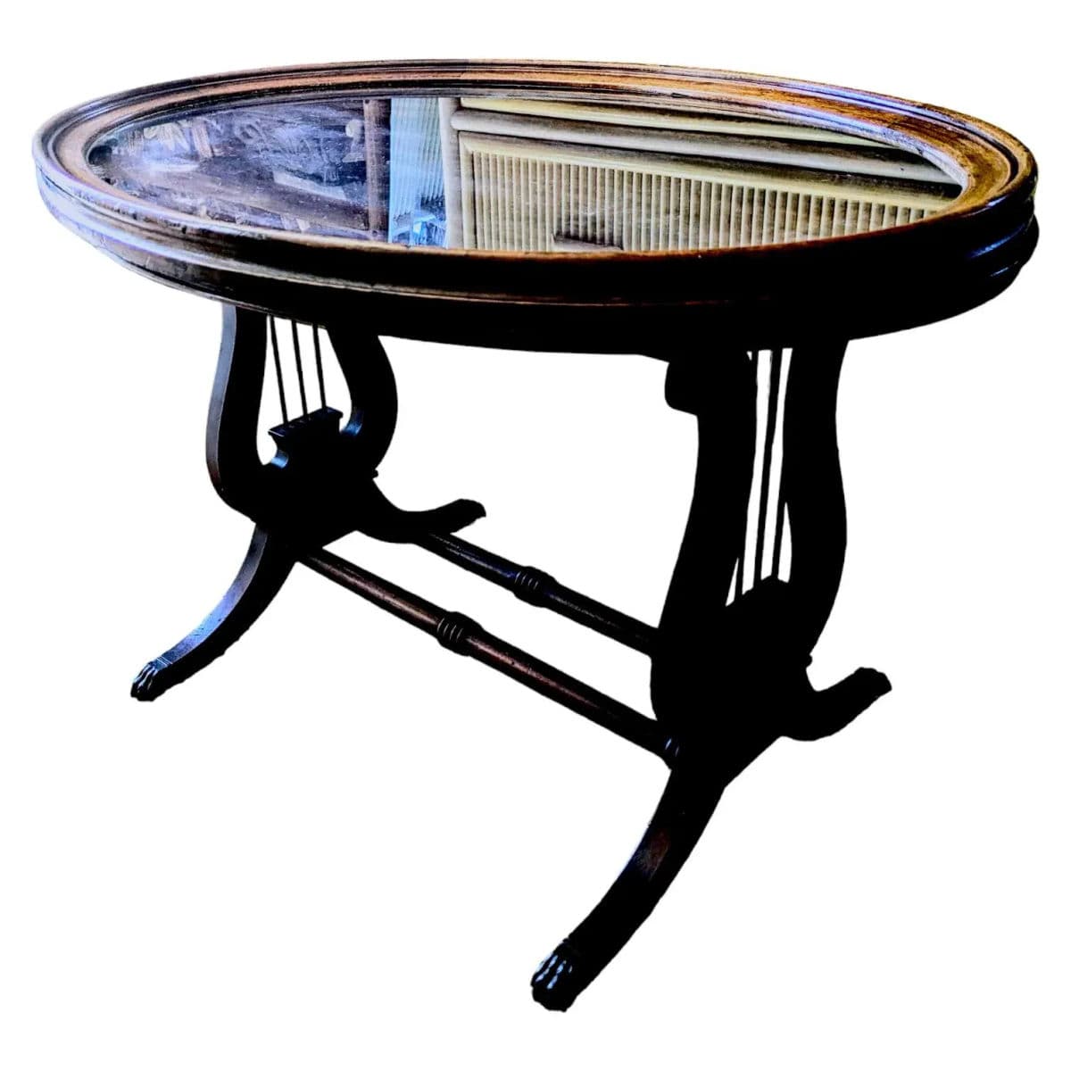 1940s American Empire Mahogany Oval Lyre Base Glass Topped Butler Tray Table - Thumbnail 5