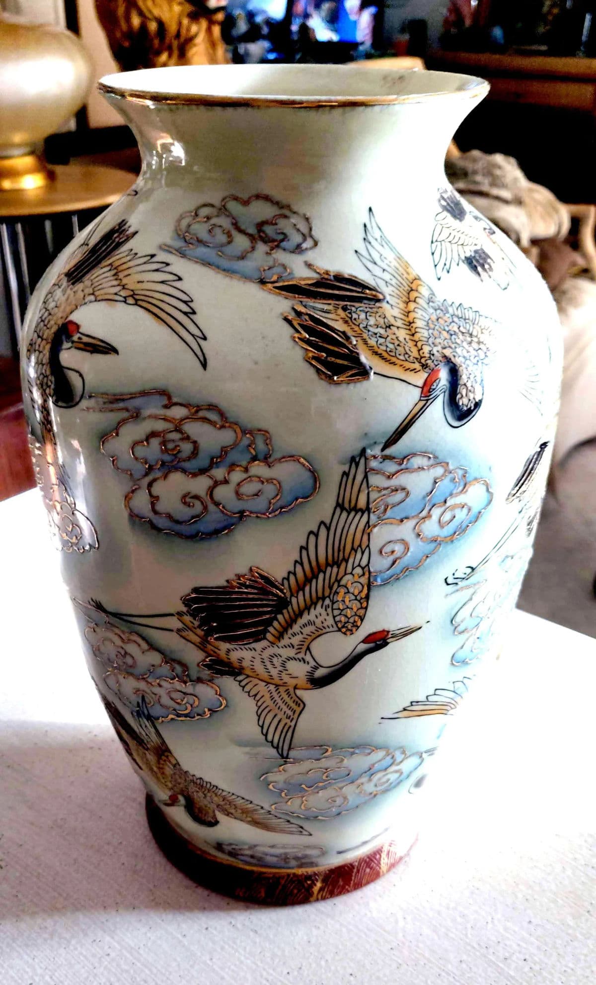Chinese Famille Rose Polychrome Freehand Raised Cranes & Clouds Motif Porcelain Vase - Thumbnail 4