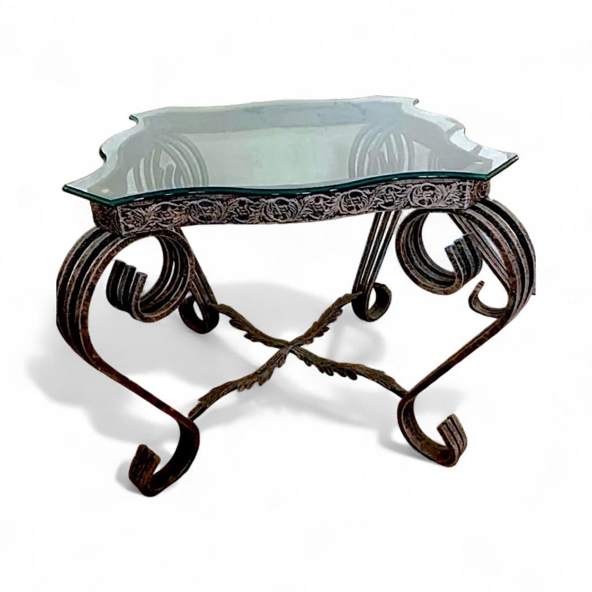 1980s Mid-Century Ornate Wrought Iron and Figural Glass Tables - 4 Piece Set - Thumbnail 6