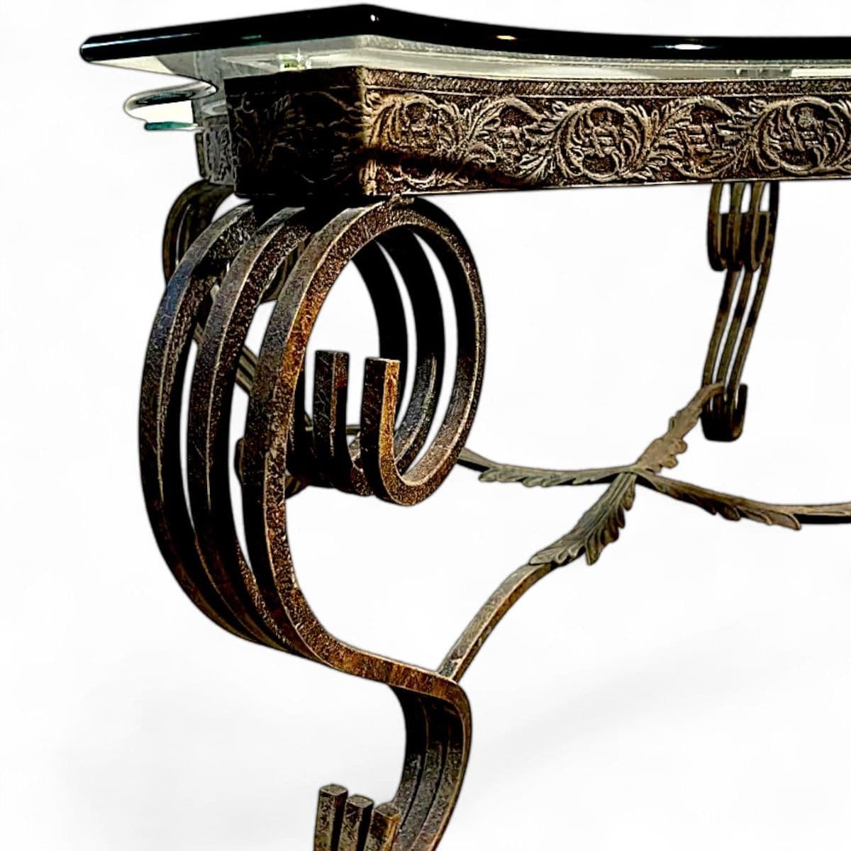 1980s Mid-Century Ornate Wrought Iron and Figural Glass Tables - 4 Piece Set - Thumbnail 9