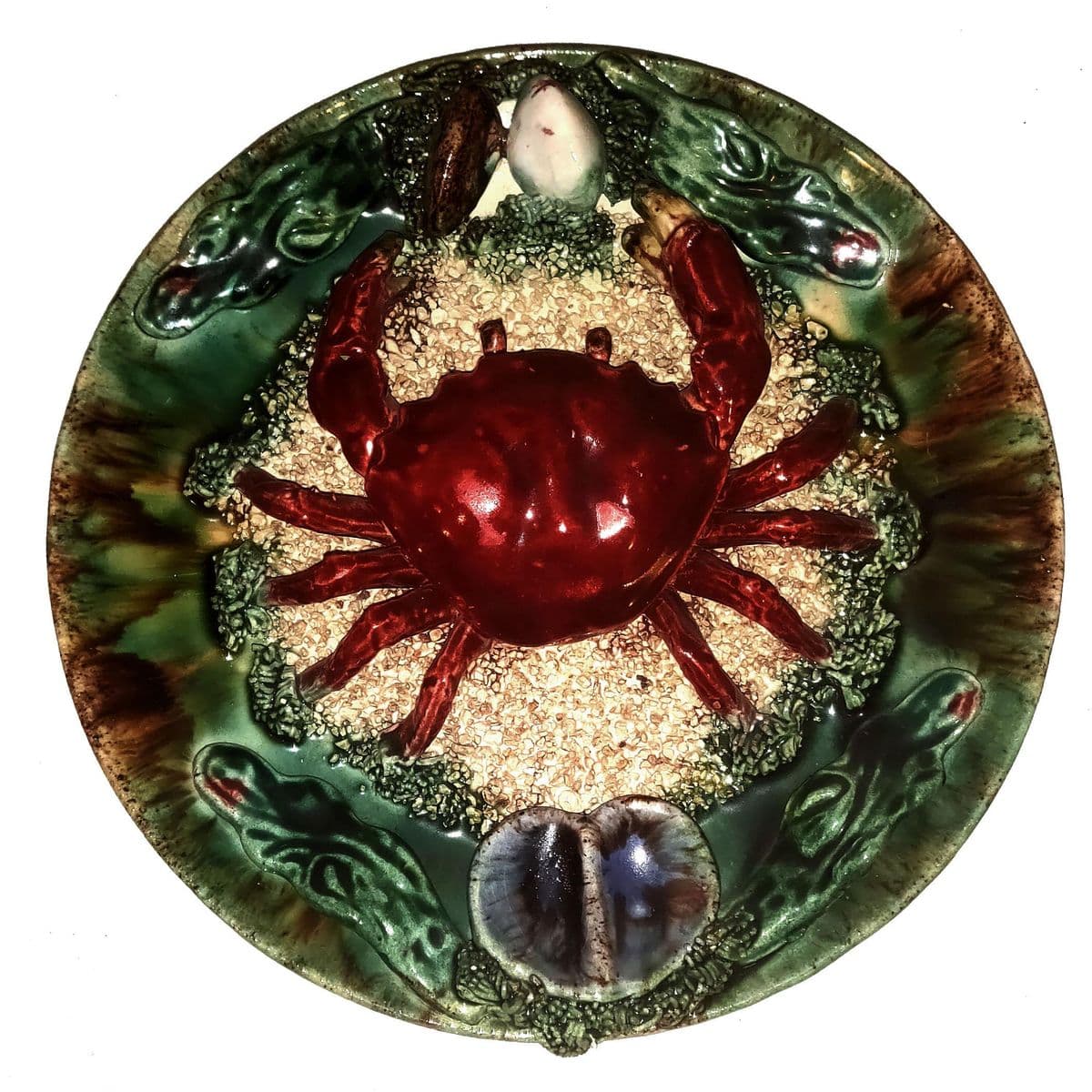 Mid 20th Century Majolica Bernard Palissy Style Faience Trompe l'Oeil Crab Plate - Thumbnail 3
