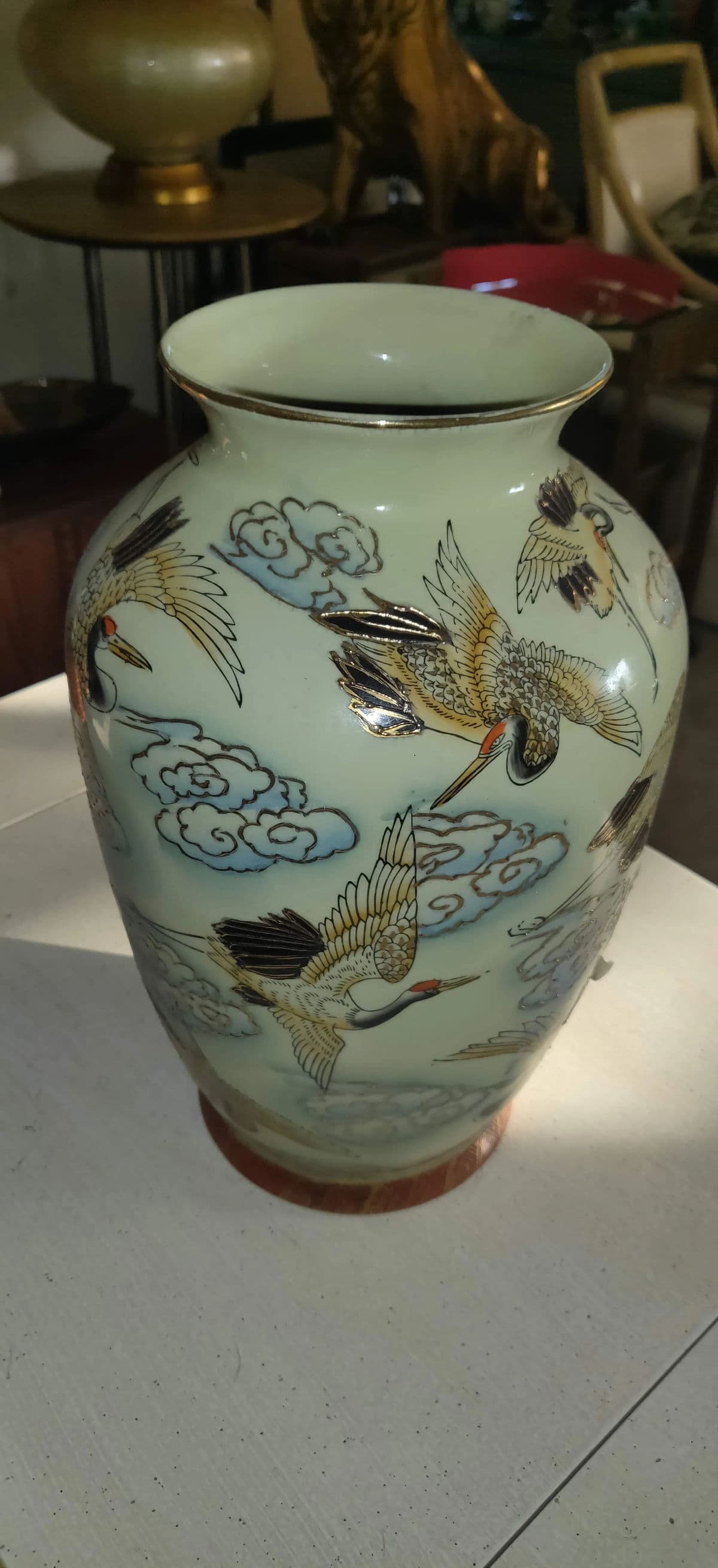Chinese Famille Rose Polychrome Freehand Raised Cranes & Clouds Motif Porcelain Vase - Thumbnail 3