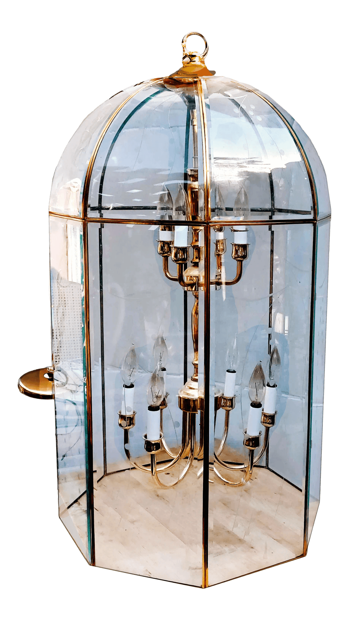 Large Octagonal Bent Beveled Glass and Brass Lantern Style Pendant Chandelier - Thumbnail 2