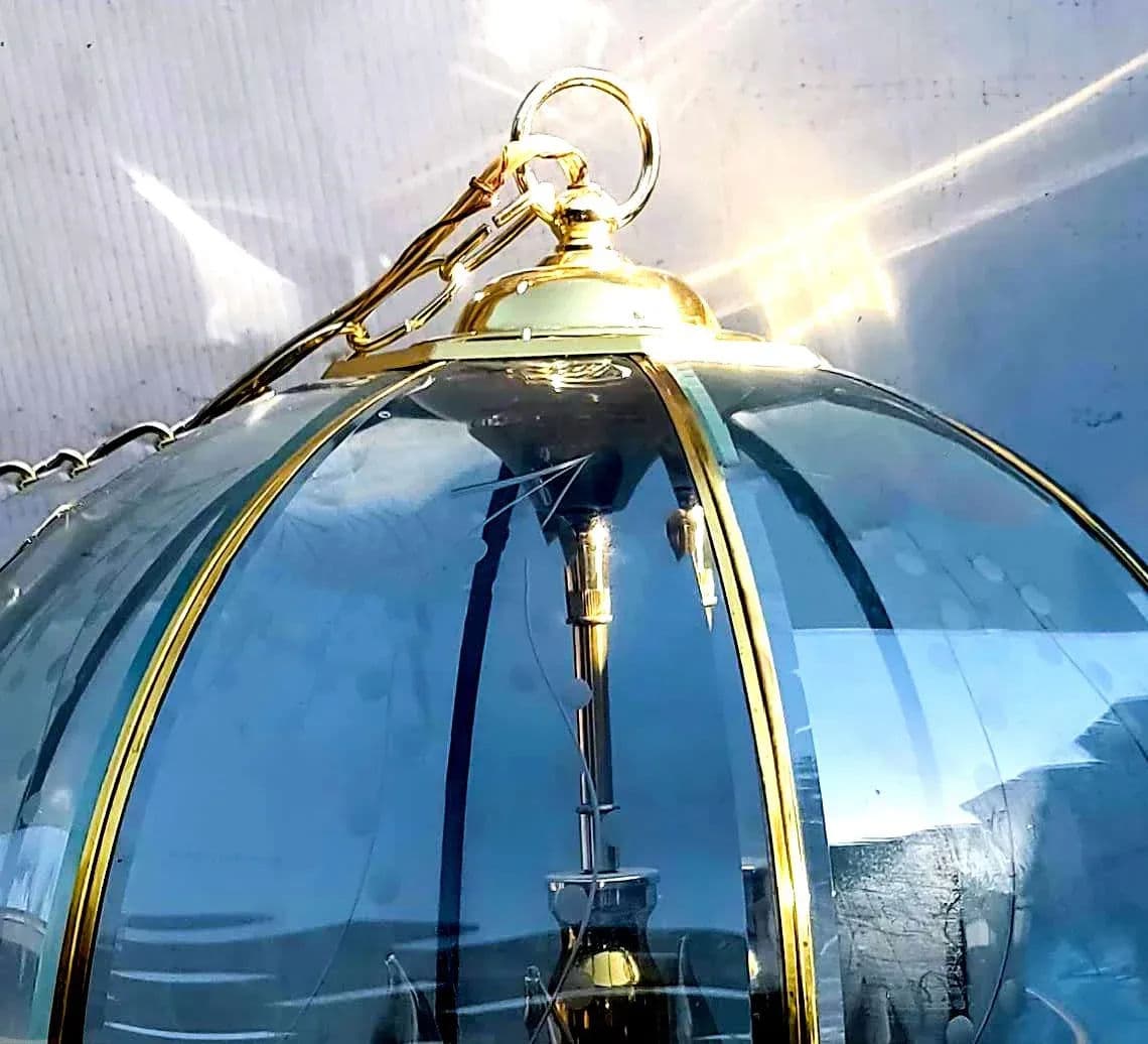 Large Octagonal Bent Beveled Glass and Brass Lantern Style Pendant Chandelier - Thumbnail 3