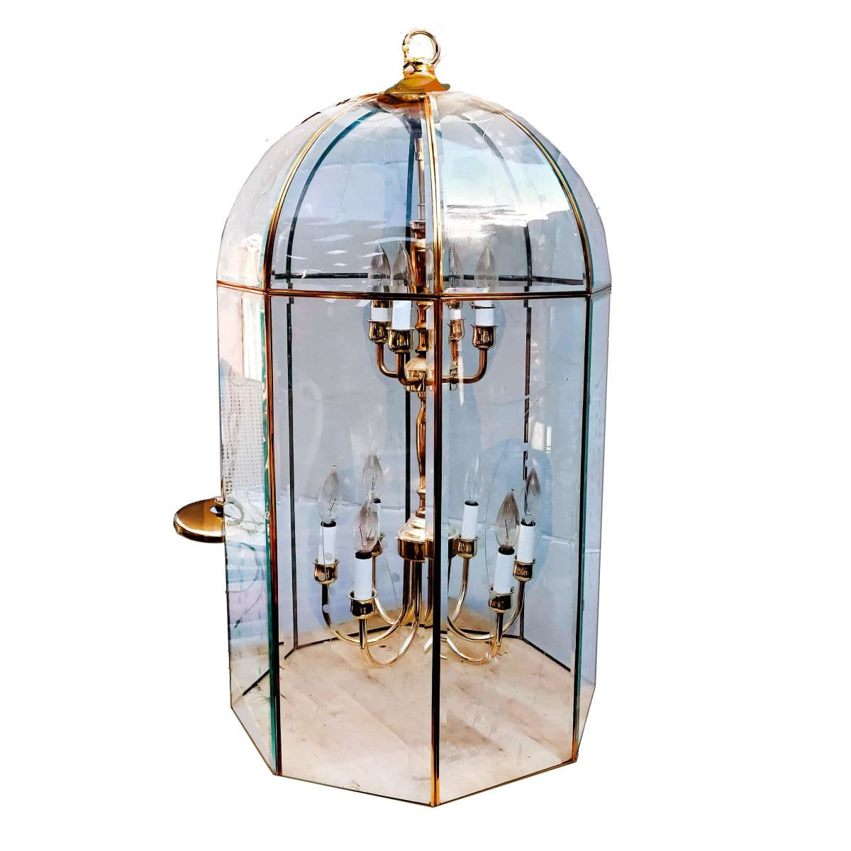 Large Octagonal Bent Beveled Glass and Brass Lantern Style Pendant Chandelier - Thumbnail 8