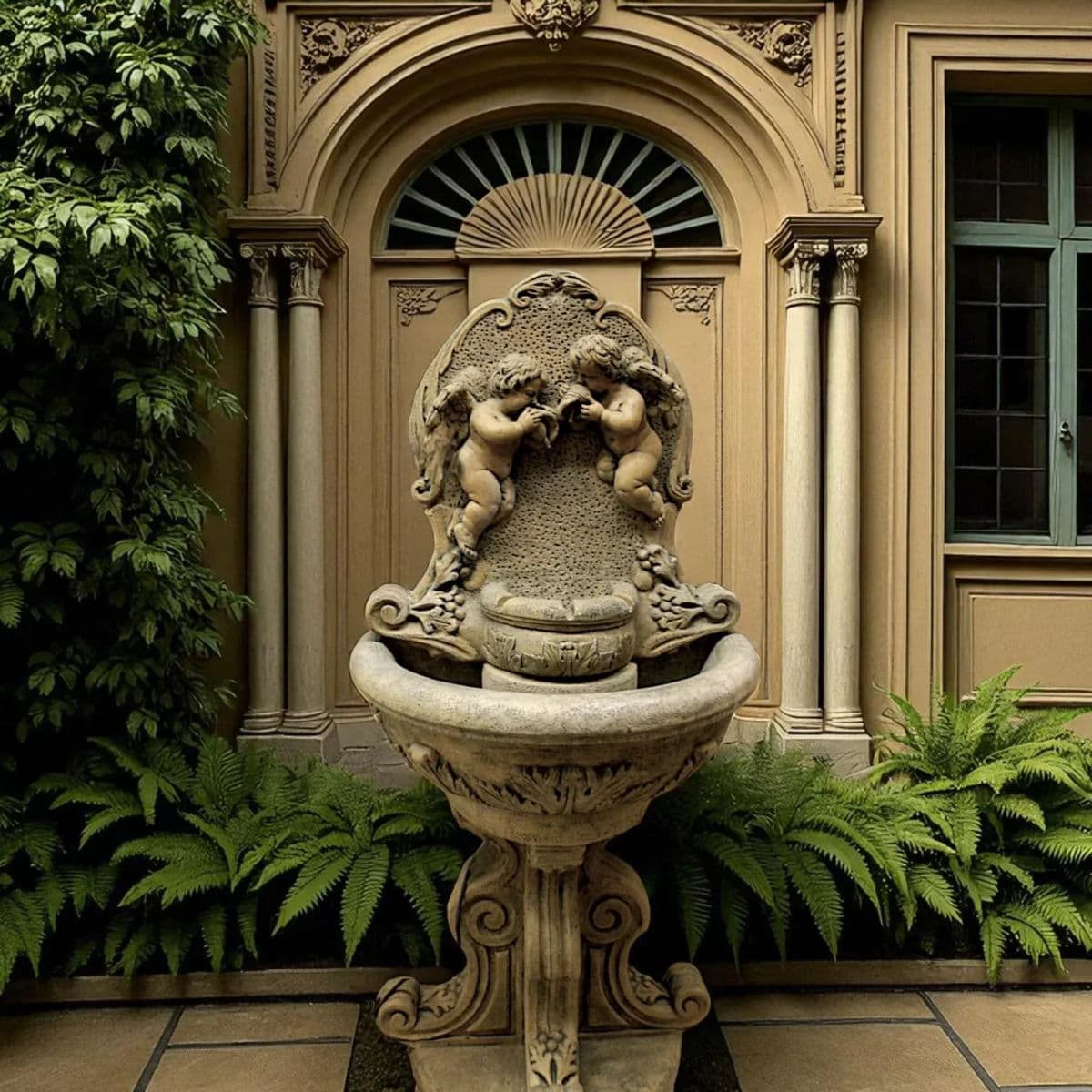 Classic Fiore Stone Cherub Wall Fountain With Integrated Pump – A Timeless Garden Accent - Thumbnail 12
