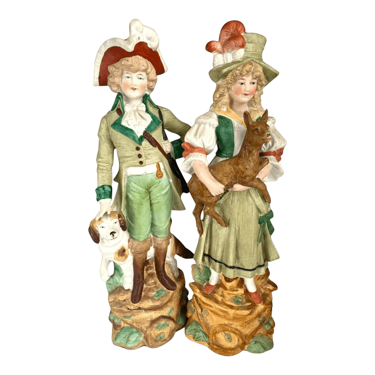 1910s Reichmannsdorf Germany Porcelain Man Dog Woman and Fawn Figurines #3507 - A Pair - Thumbnail 2