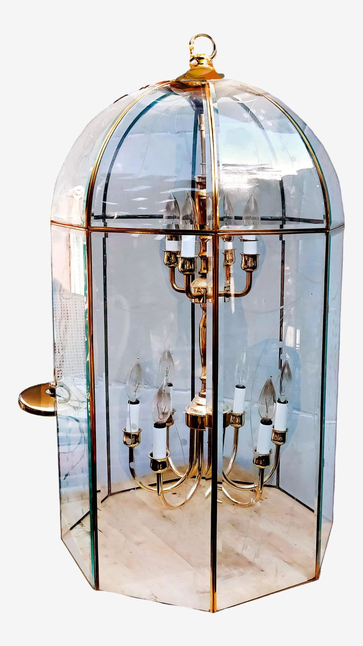 Large Octagonal Bent Beveled Glass and Brass Lantern Style Pendant Chandelier - Image 1
