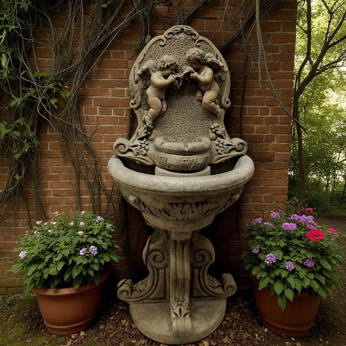 Classic Fiore Stone Cherub Wall Fountain With Integrated Pump – A Timeless Garden Accent - Thumbnail 13