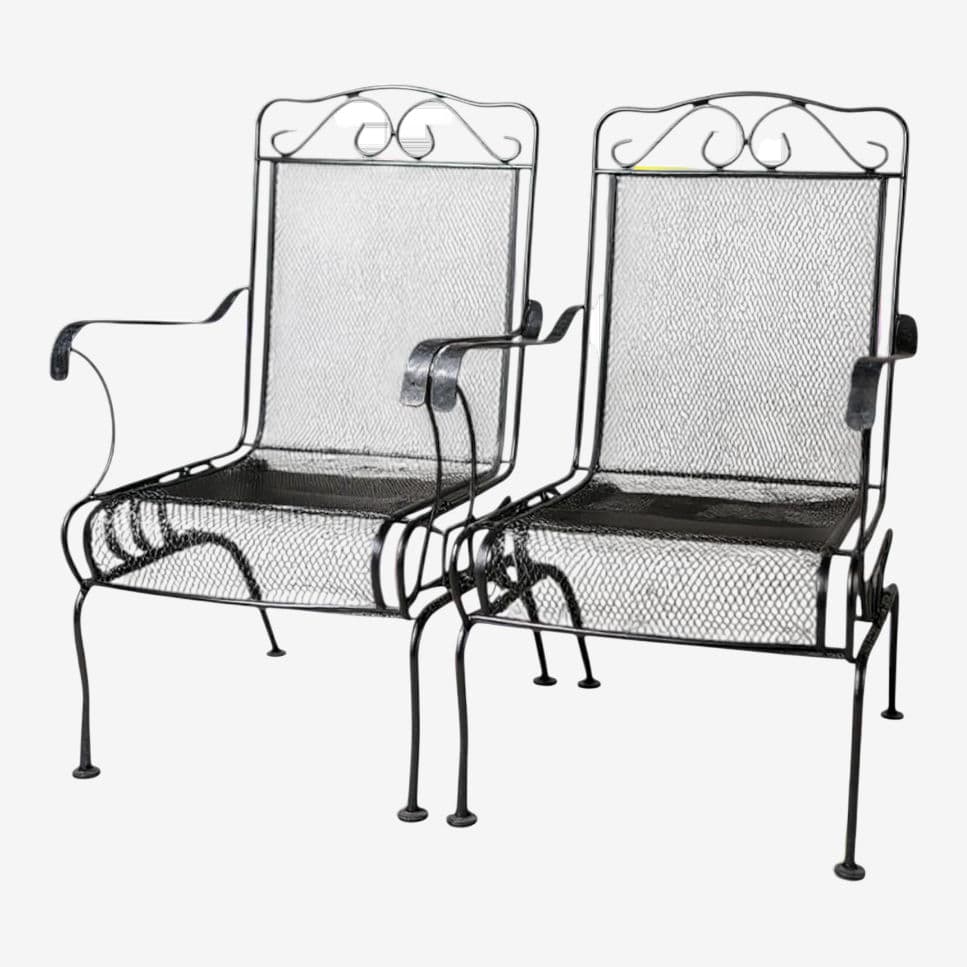 Vintage Meadowcraft Hi-Back Green Wrought Iron Mesh Coil Sprung Rocking Captains Chairs - A Pair - Image 1