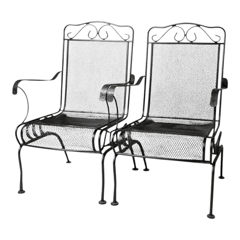 Vintage Meadowcraft Hi-Back Green Wrought Iron Mesh Coil Sprung Rocking Captains Chairs - A Pair - Thumbnail 2