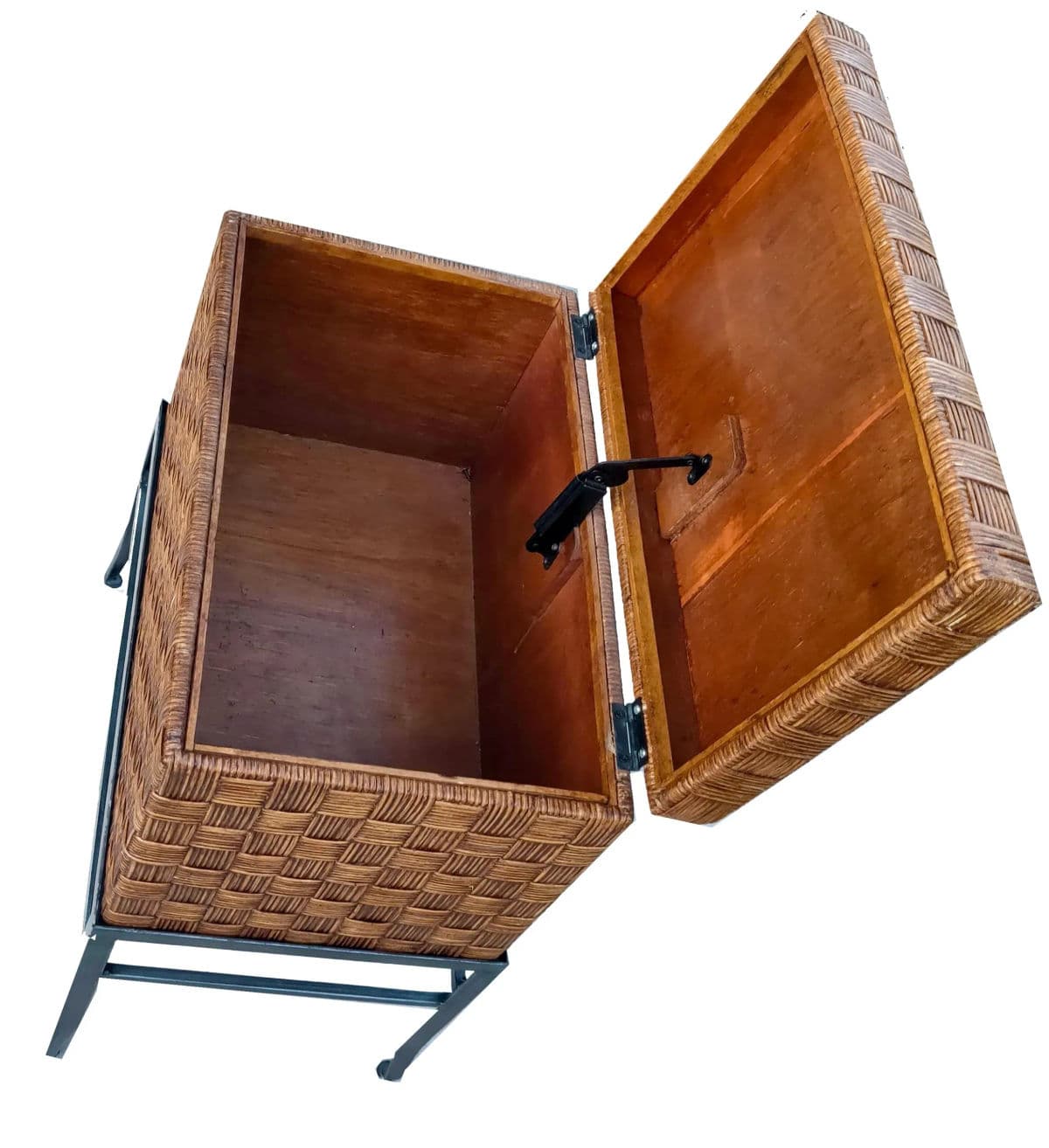 Crosshatched Wicker Reed Wrapped Hinge Lidded Keepsake Box on Metal Stand - 3 Pc Set - Thumbnail 7