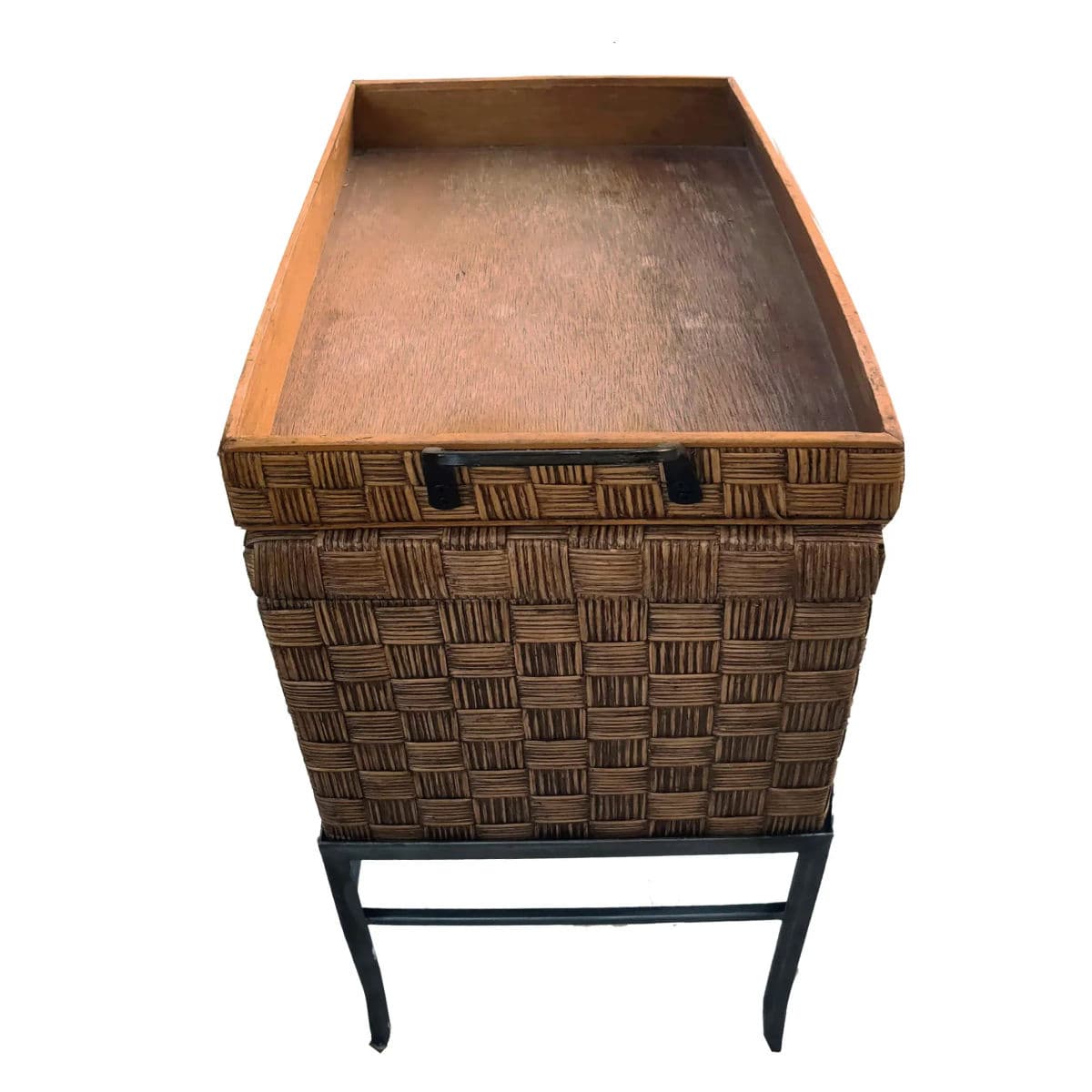 Crosshatched Wicker Reed Wrapped Hinge Lidded Keepsake Box on Metal Stand - 3 Pc Set - Thumbnail 5