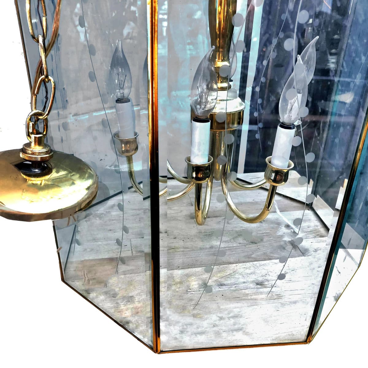 Large Octagonal Bent Beveled Glass and Brass Lantern Style Pendant Chandelier - Thumbnail 4