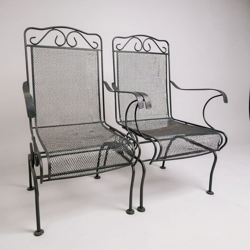 Vintage Meadowcraft Hi-Back Green Wrought Iron Mesh Coil Sprung Rocking Captains Chairs - A Pair - Thumbnail 5