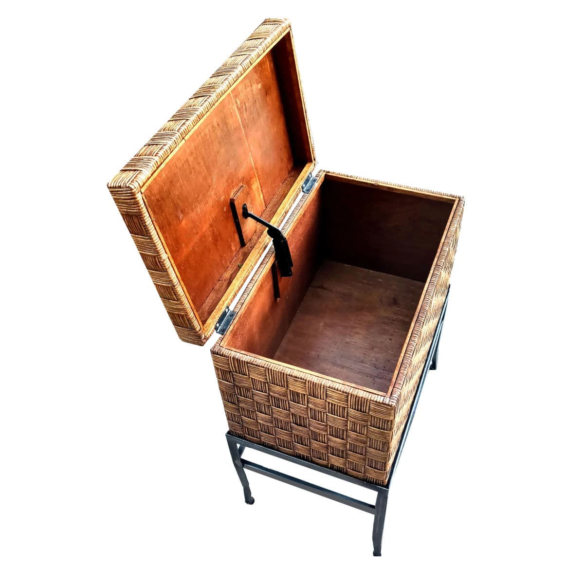 Crosshatched Wicker Reed Wrapped Hinge Lidded Keepsake Box on Metal Stand - 3 Pc Set - Thumbnail 9