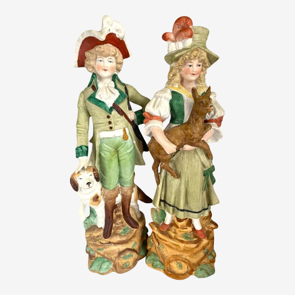 1910s Reichmannsdorf Germany Porcelain Man Dog Woman and Fawn Figurines #3507 - A Pair - Image 1