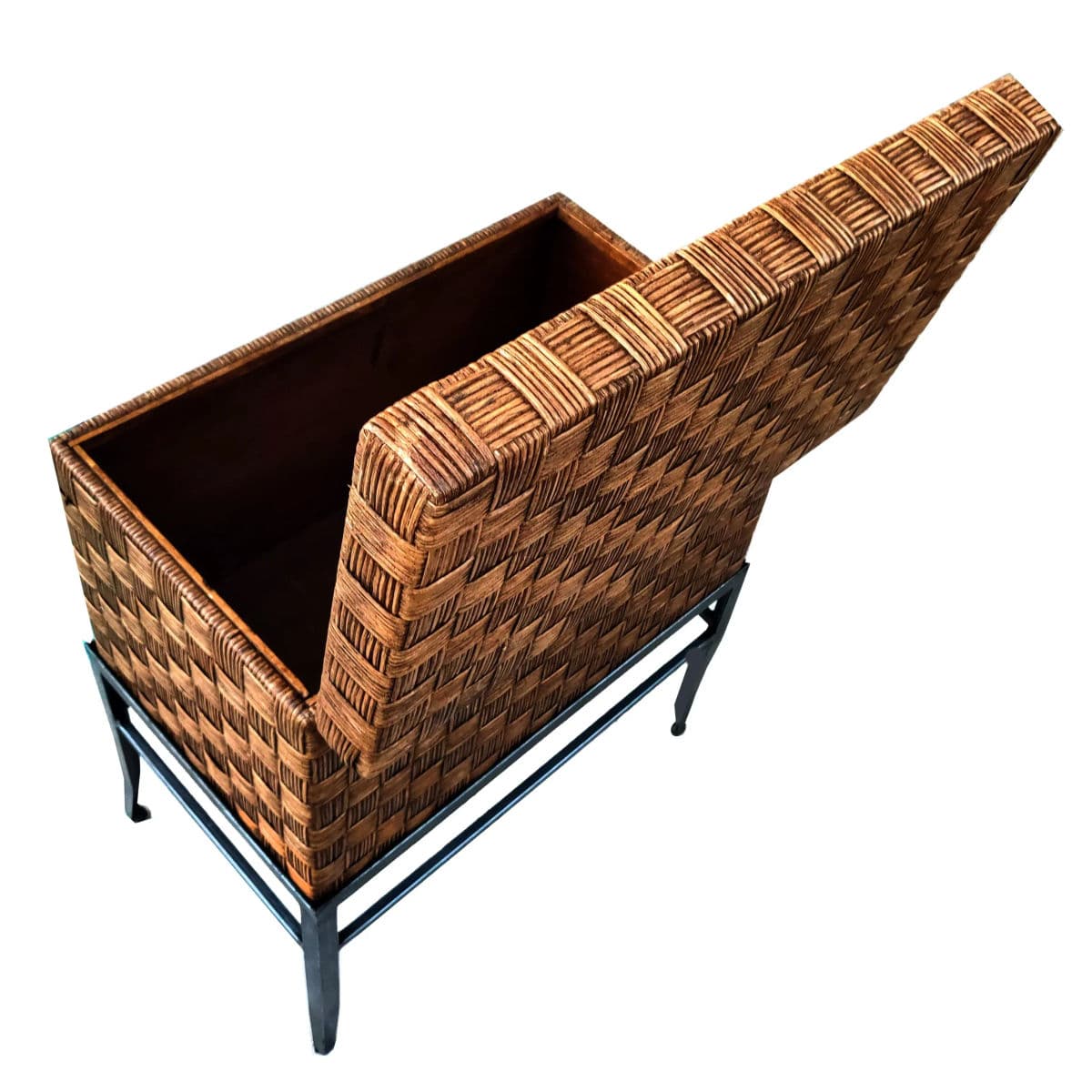 Crosshatched Wicker Reed Wrapped Hinge Lidded Keepsake Box on Metal Stand - 3 Pc Set - Thumbnail 11