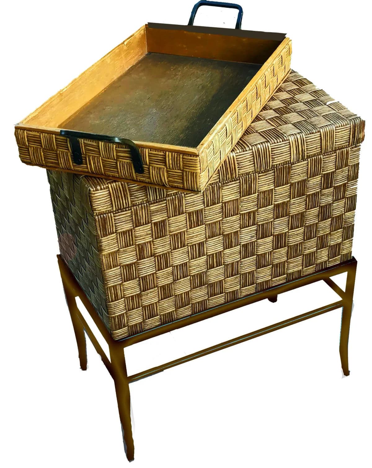 Crosshatched Wicker Reed Wrapped Hinge Lidded Keepsake Box on Metal Stand - 3 Pc Set - Thumbnail 4