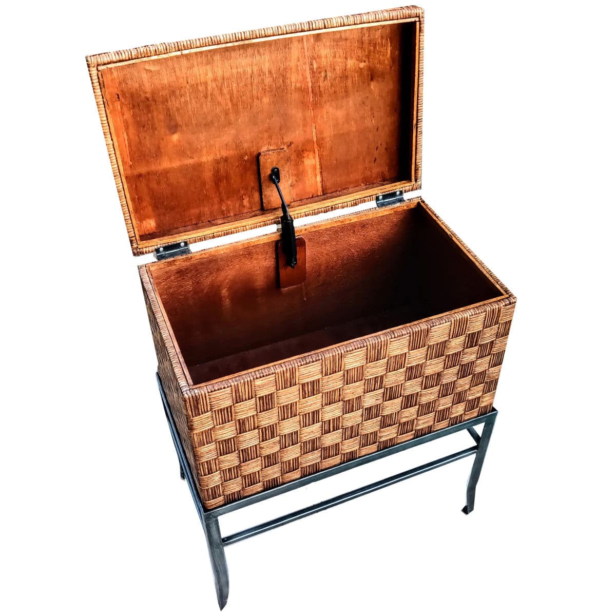 Crosshatched Wicker Reed Wrapped Hinge Lidded Keepsake Box on Metal Stand - 3 Pc Set - Thumbnail 8