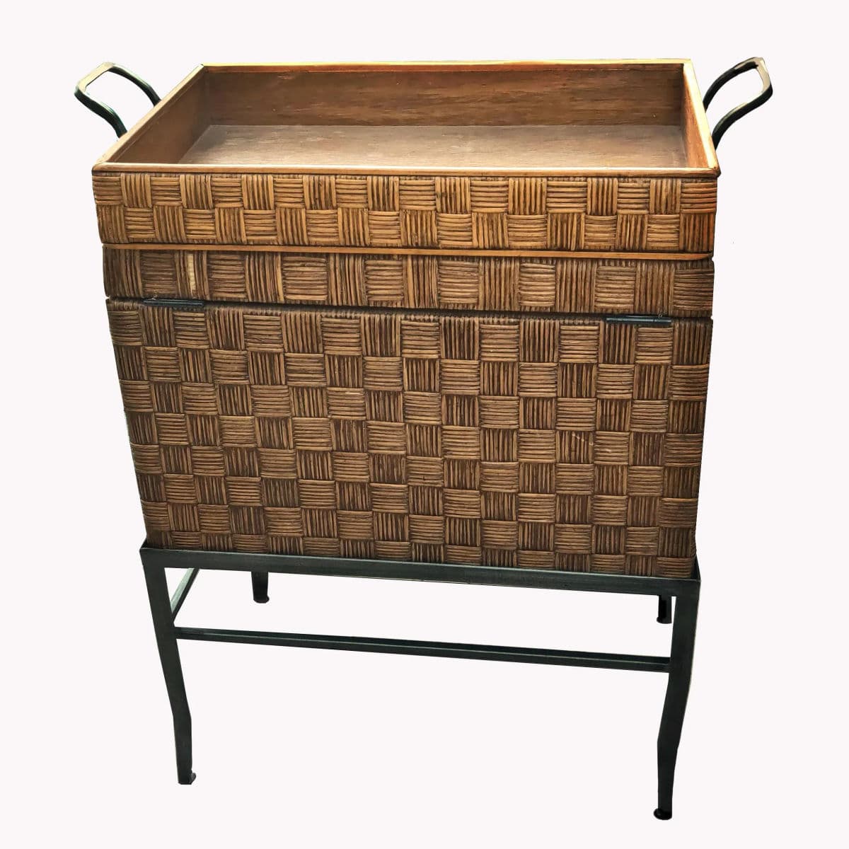 Crosshatched Wicker Reed Wrapped Hinge Lidded Keepsake Box on Metal Stand - 3 Pc Set - Thumbnail 12