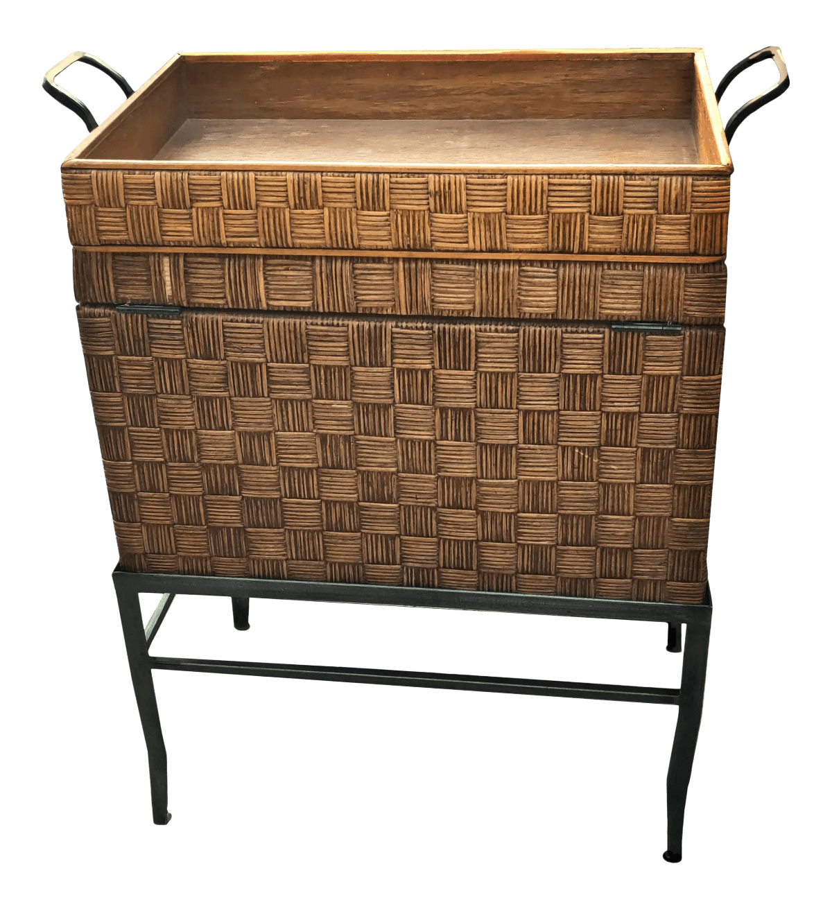 Crosshatched Wicker Reed Wrapped Hinge Lidded Keepsake Box on Metal Stand - 3 Pc Set - Thumbnail 2