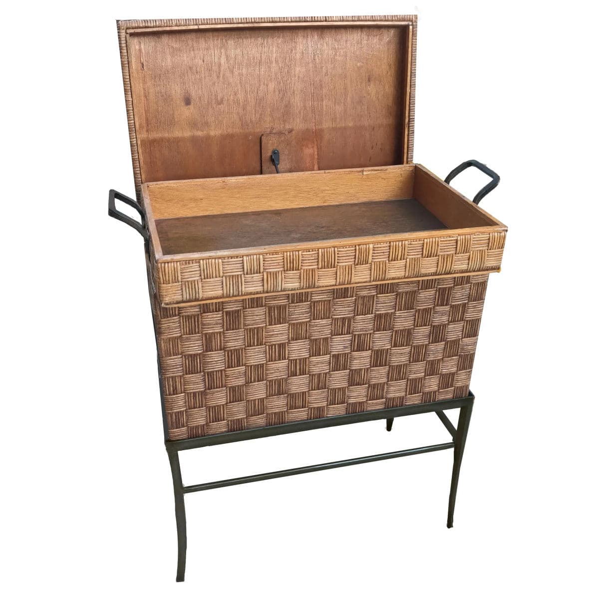 Crosshatched Wicker Reed Wrapped Hinge Lidded Keepsake Box on Metal Stand - 3 Pc Set - Thumbnail 6