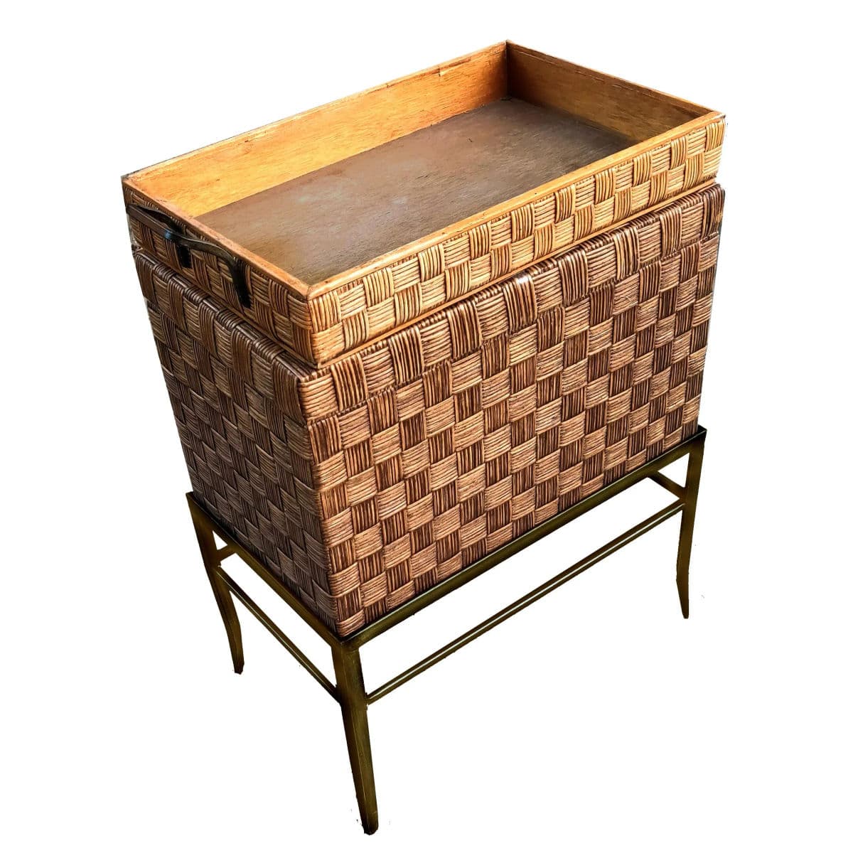 Crosshatched Wicker Reed Wrapped Hinge Lidded Keepsake Box on Metal Stand - 3 Pc Set - Thumbnail 3