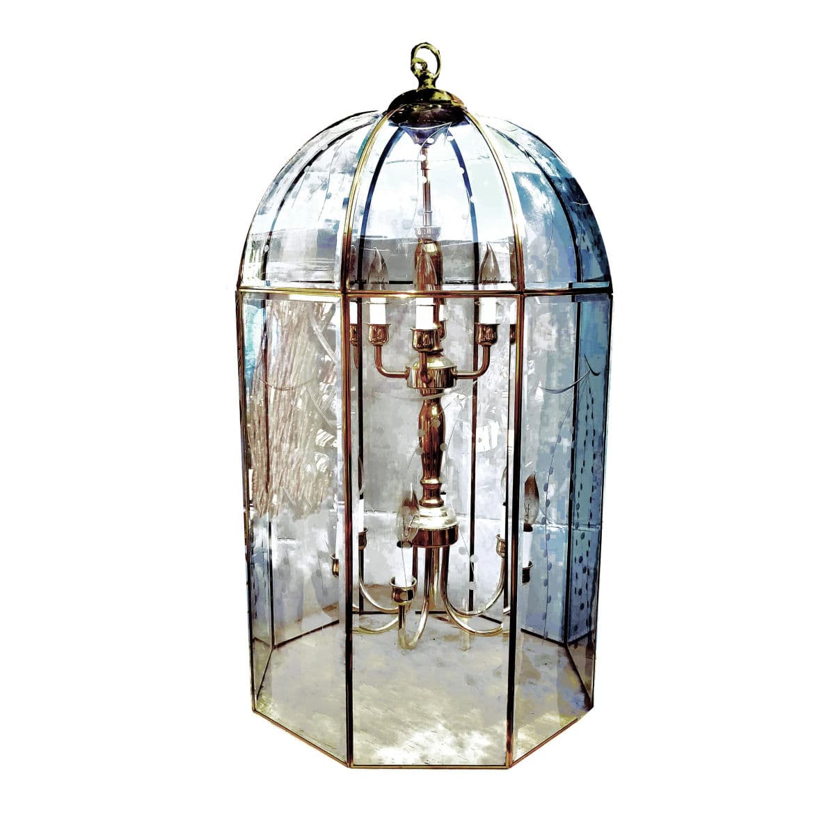 Large Octagonal Bent Beveled Glass and Brass Lantern Style Pendant Chandelier - Thumbnail 6