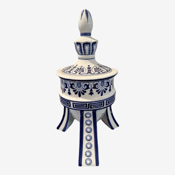 1990s Boston Company Blue and White 3 Legged Temple Ginger Jar / Urn - Image 1