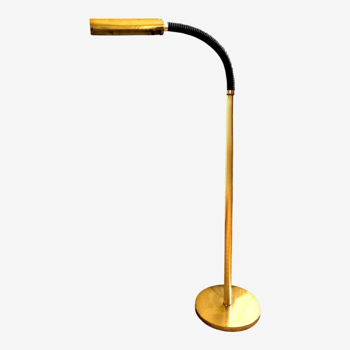 Vintage Black and Gold Toned Brass Standing Adjustable Pharmacy Floor Lamp Circa 1970s
