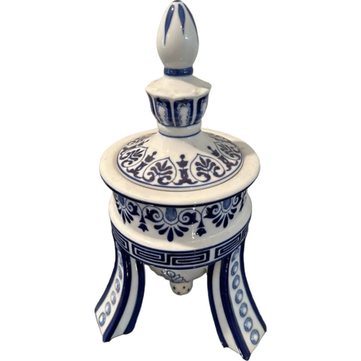 1990s Boston Company Blue and White 3 Legged Temple Ginger Jar / Urn - Thumbnail 4