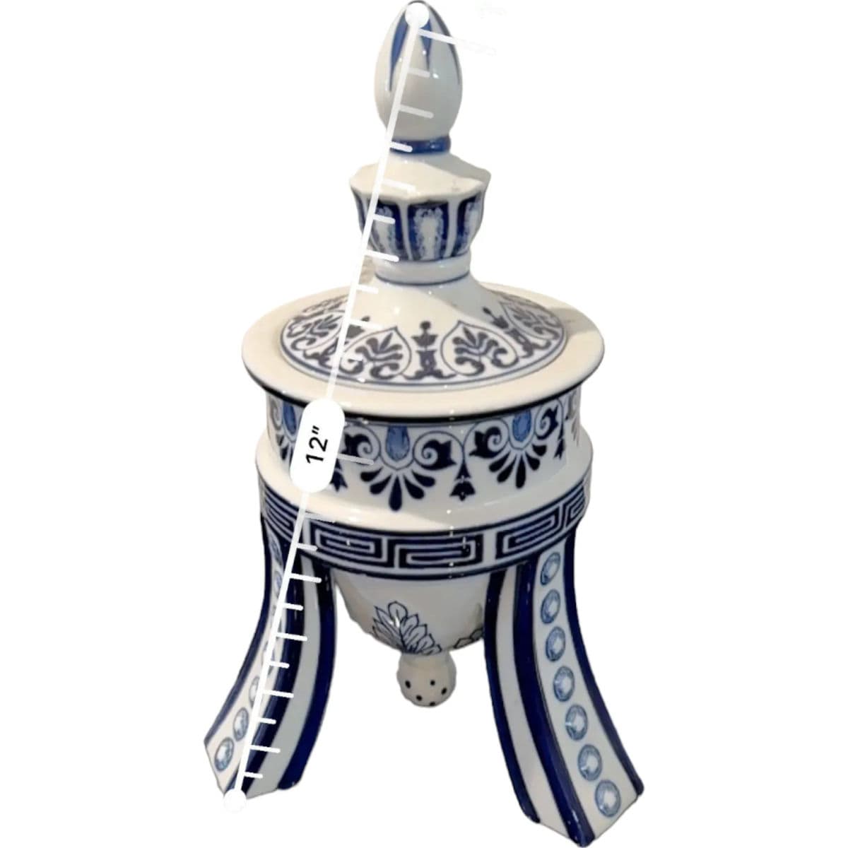 1990s Boston Company Blue and White 3 Legged Temple Ginger Jar / Urn - Thumbnail 10