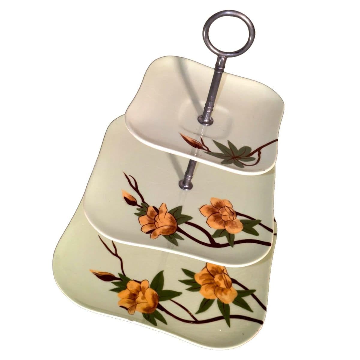 1941 Hand Decorated Weil Ware California Pottery 3-Tiered Serving Tray Rose Green Pattern - Thumbnail 4