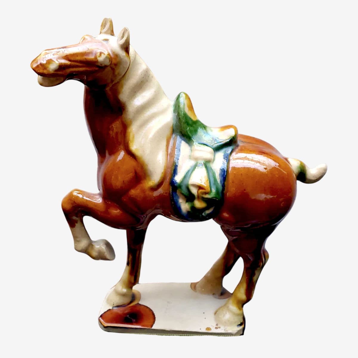 Signed 1950s Tang Style Horse Figurine Sancai Glazed in Green, Brown and Cream